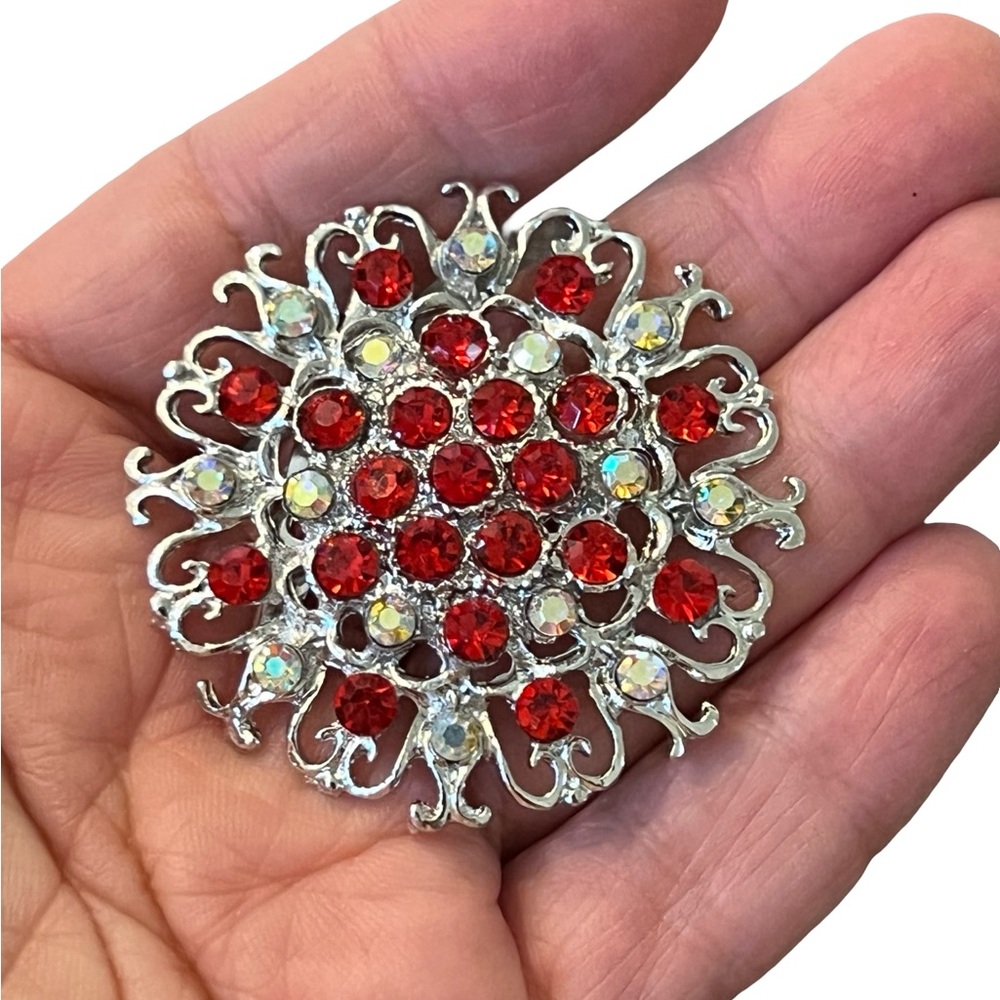 Silver-Tone Red Crystal Floral Brooch - Women's Jewelry